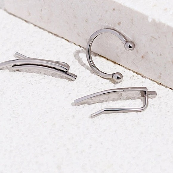 Two Piece Geometric Ear Climber, Silver, Huggie, Hoop, Stud, Minimalist - Picture 3 of 5